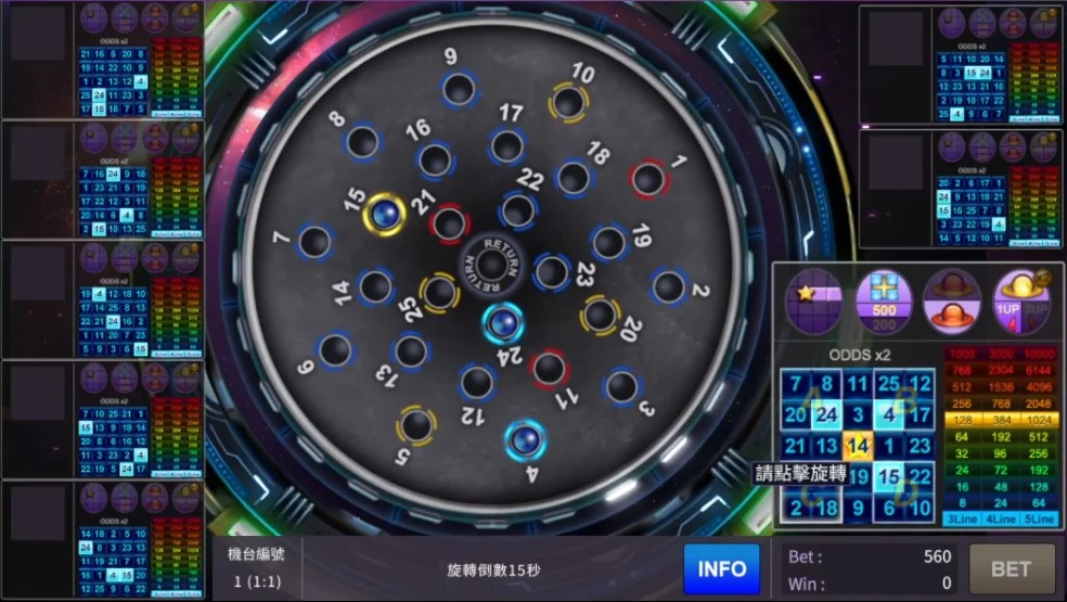 賓果行星開3球後旋轉盤面畫面-經典遊戲線上玩